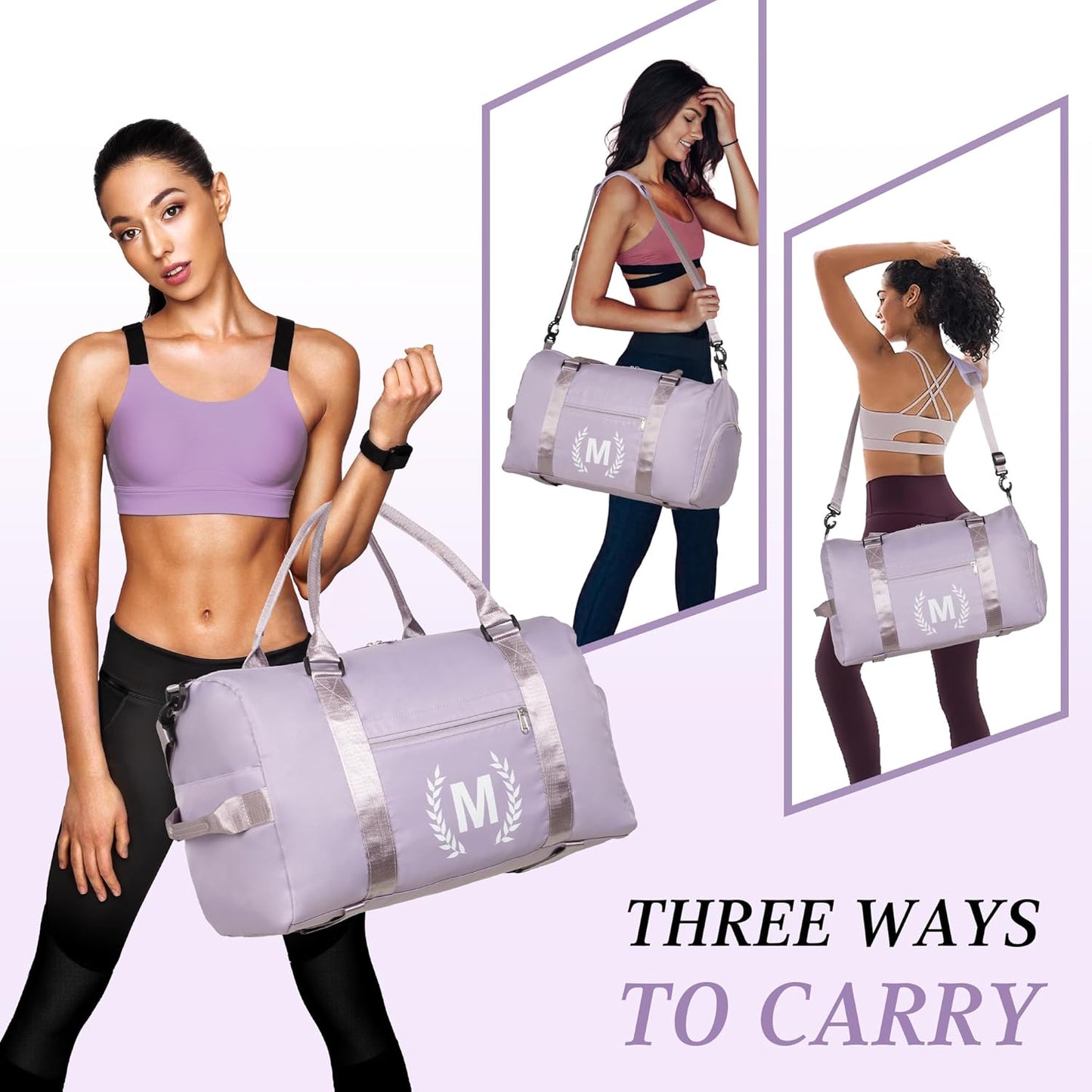 Gym Bag for Women, Personalized Duffle Bag with Shoe Compartment, Sports Bag for Yoga & Dance with Wet Pocket and Mat Strap.