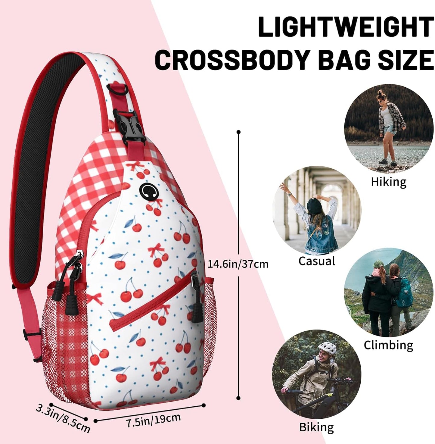 Red Cherry Plaid Sling Bag Crossbody Chest Bag for Women Men, Water Resistant Lightweight Casual Crossbody Bag with Adjustable Strap, Travel Hiking Daypack Shoulder Backpack