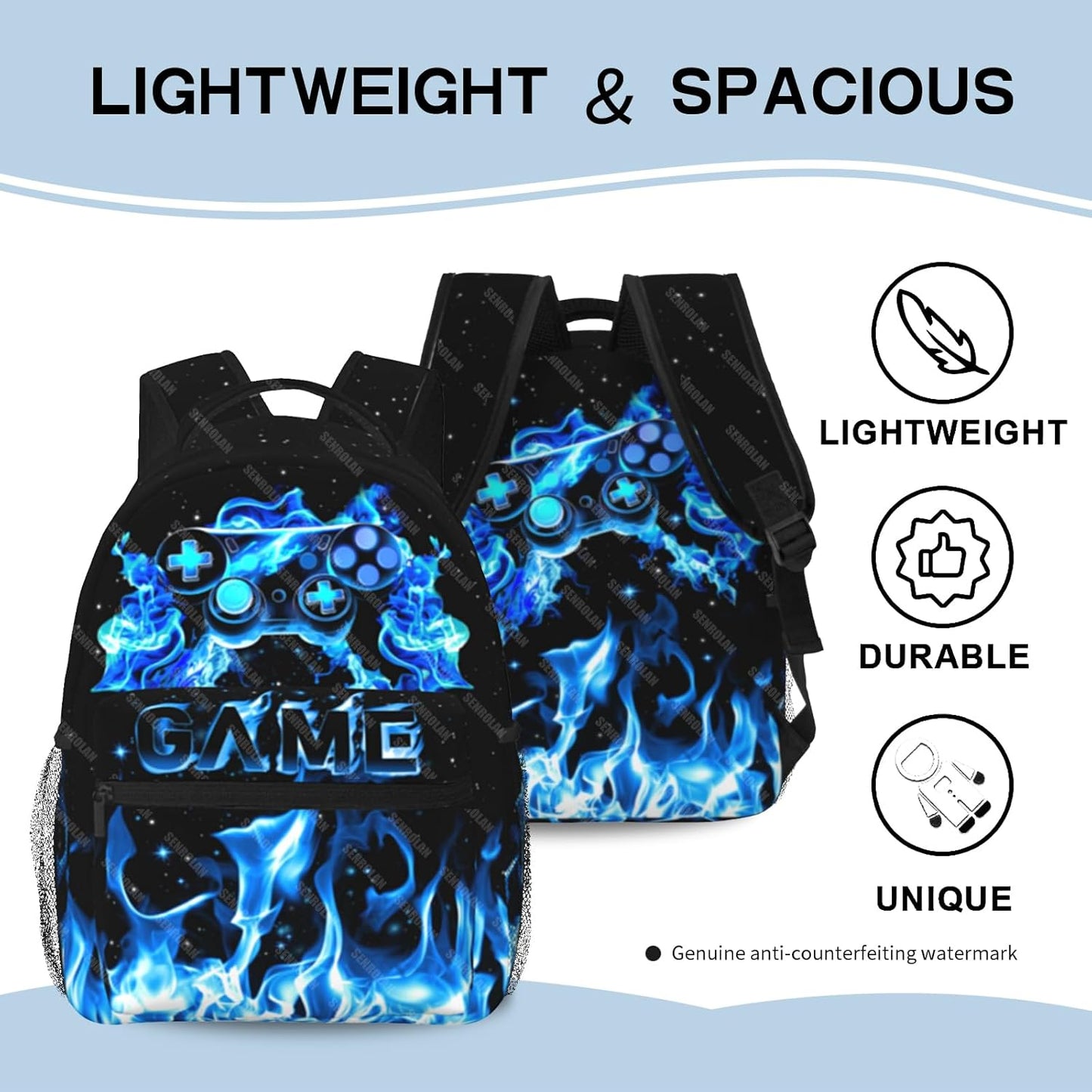School Backpack For Boys Blue Gamepad Boy Backpack For Kids Children Teens Elementary Middle School Fire Boys Backpacks Ages 6-18 Video Games Bookbag back pack for Adults Teens Boy