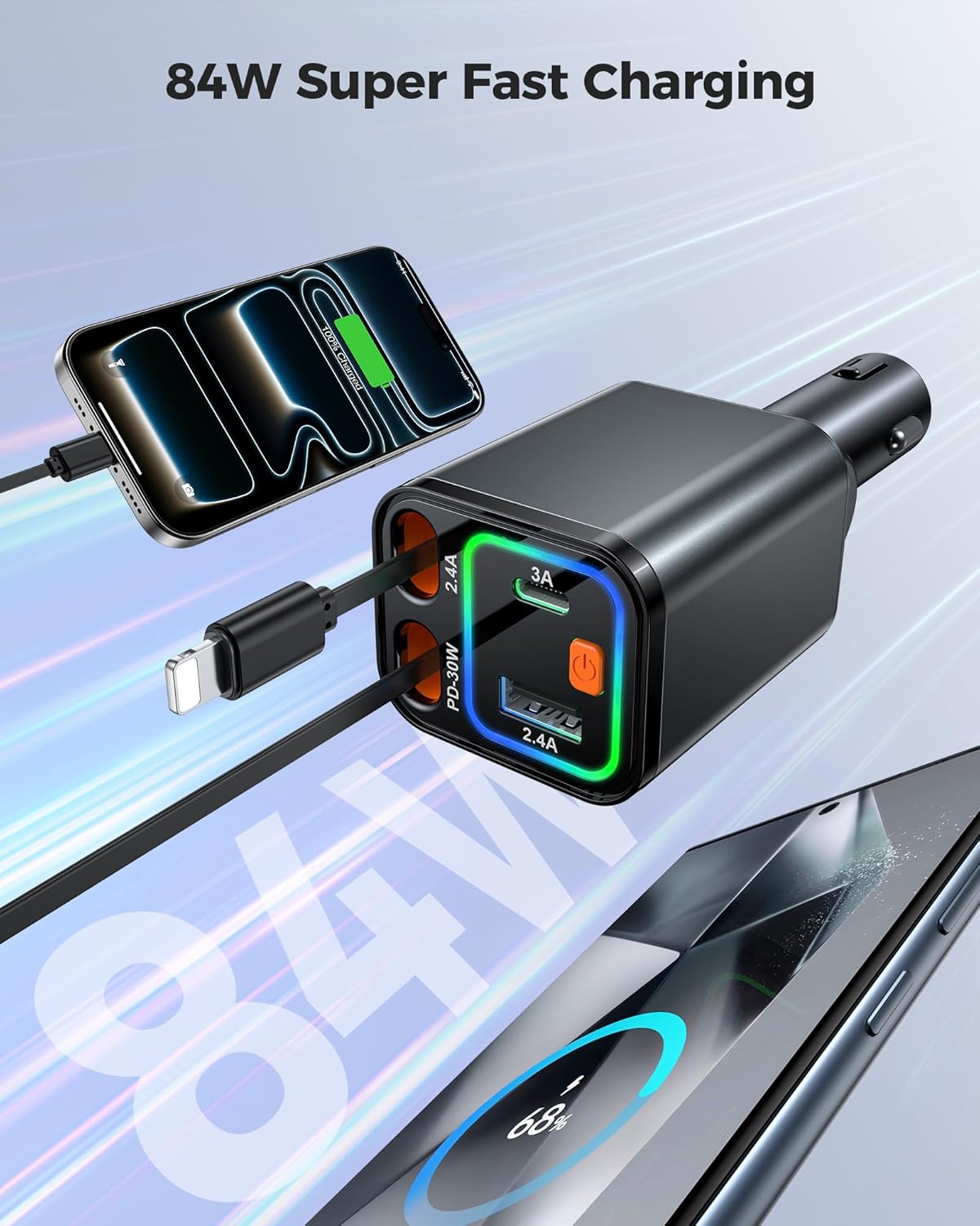 Retractable Car Charger 84W, 4-in-1 Fast Car Charger with Retractables 2.6ft, Cigarette Lighter Charging Block USB+USB C Cube for iPhone 13 14 15 16 17 Pro Max,Plus,Samsung Galaxy,Pixel