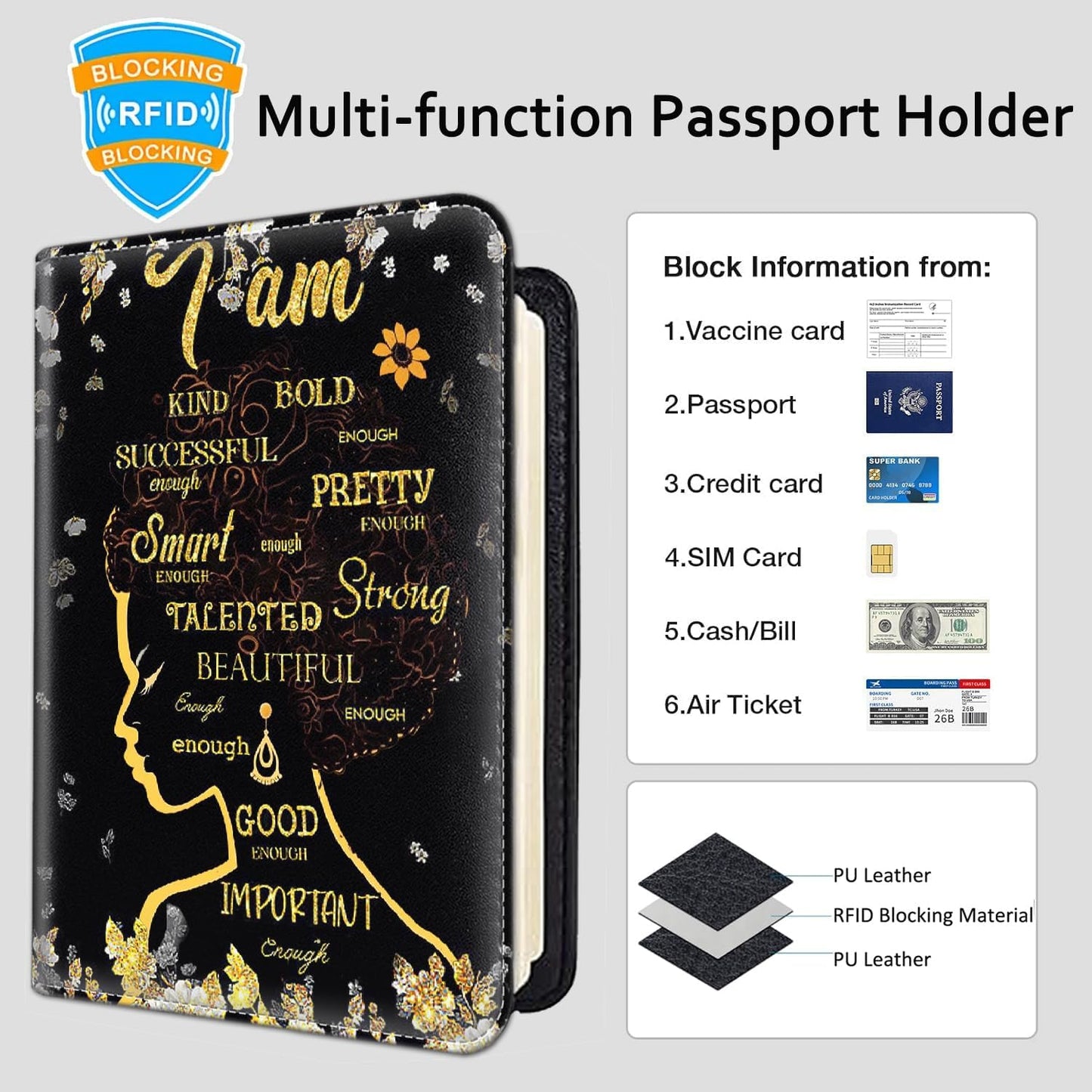 Passport Holder Women Wallet with Luggage Tag, Leather Passport Cover with RFID Blocking, Travel Accessories Multi Card Slot Passport Case for Men，African Girls Inspirational Quotes