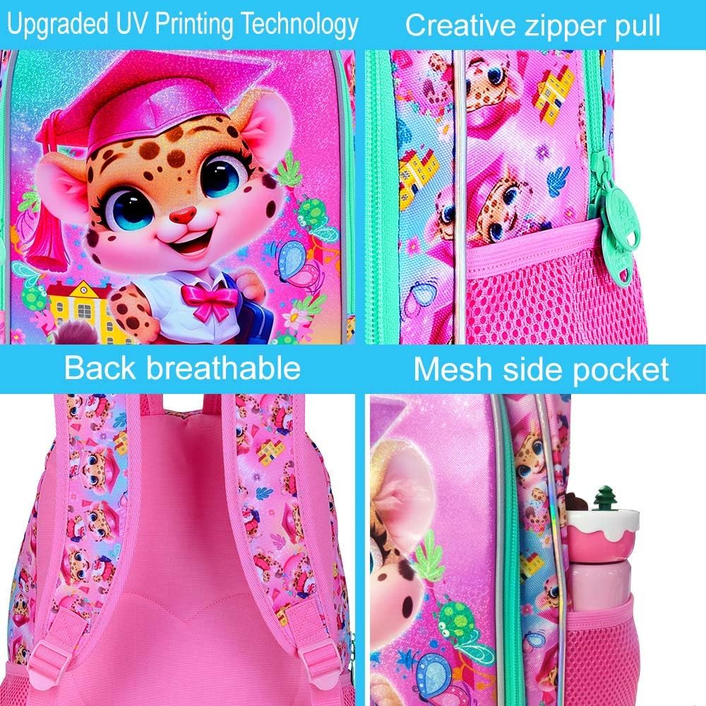 3PCS Leopard Bookbag for Girls, 16" Kids Backpack with Lunch Box, Water Resistant Elementary Prechool Toddler Shool Bag - Pink Dr. Leopard