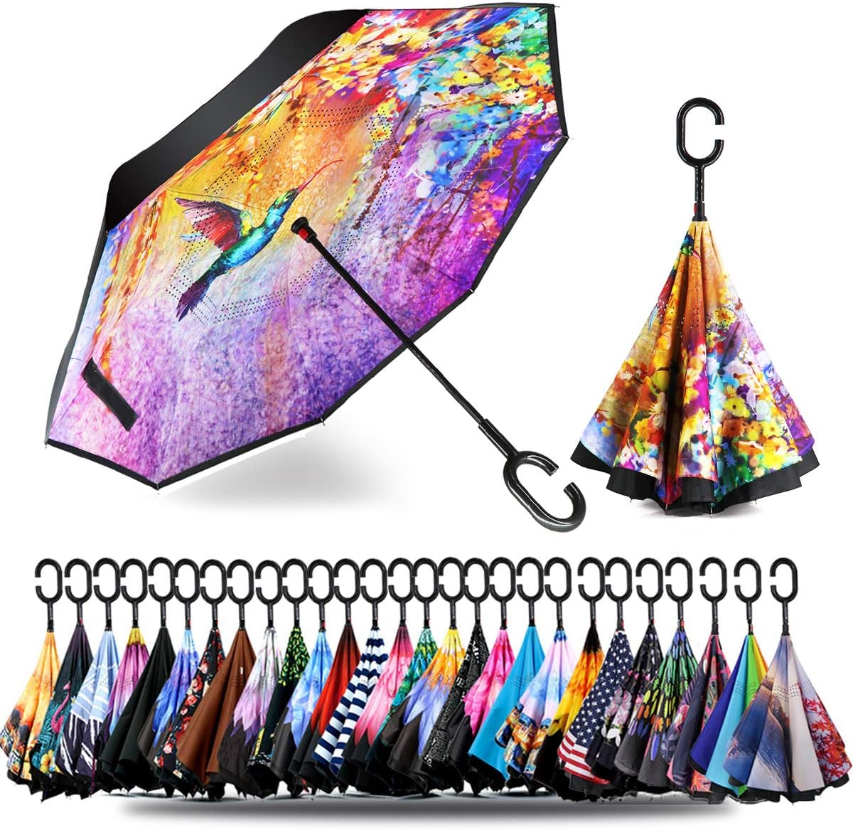 SIEPASA 49/56 Inch Inverted Reverse Upside Down Umbrella, Extra Large Double Canopy Vented Windproof Waterproof Stick Golf Umbrellas with C-shape Handle.