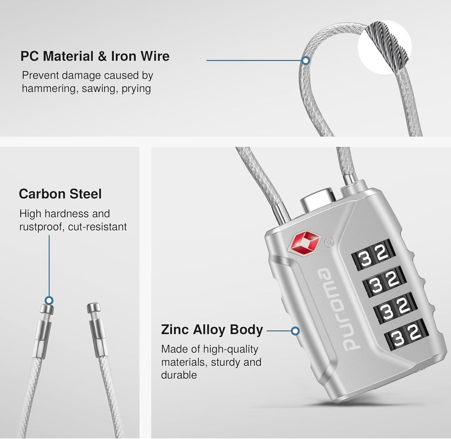 Puroma 2 Pack TSA Approved Luggage Lock, 4 Digit Combination Travel Locks Resettable Code Lock with