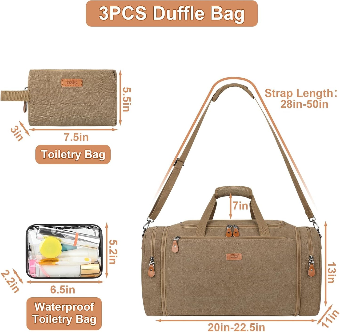 Canvas Mens Duffle Bag for Travel - Expandable 50L Weekender Bags with Toiletry Bag, Overnight Bag Travel Duffel Carry On Luggage with Removable Shoulder Strap, Durable & Water-Resistant