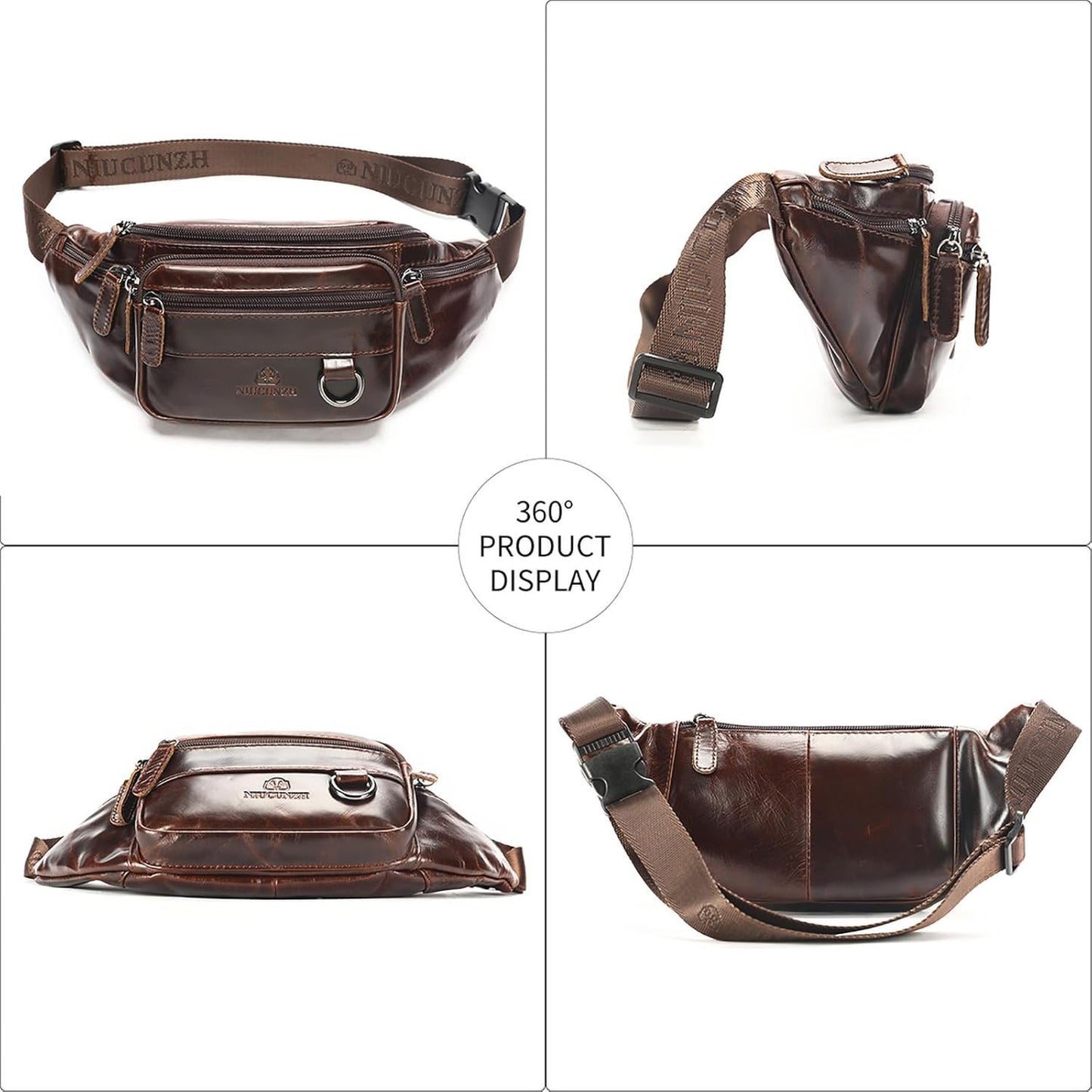 Genuine Leather Fanny Pack HandMade Durable cowhide Waist Bag Lots of Anti-theft zipper pocket Dark OilCoffee