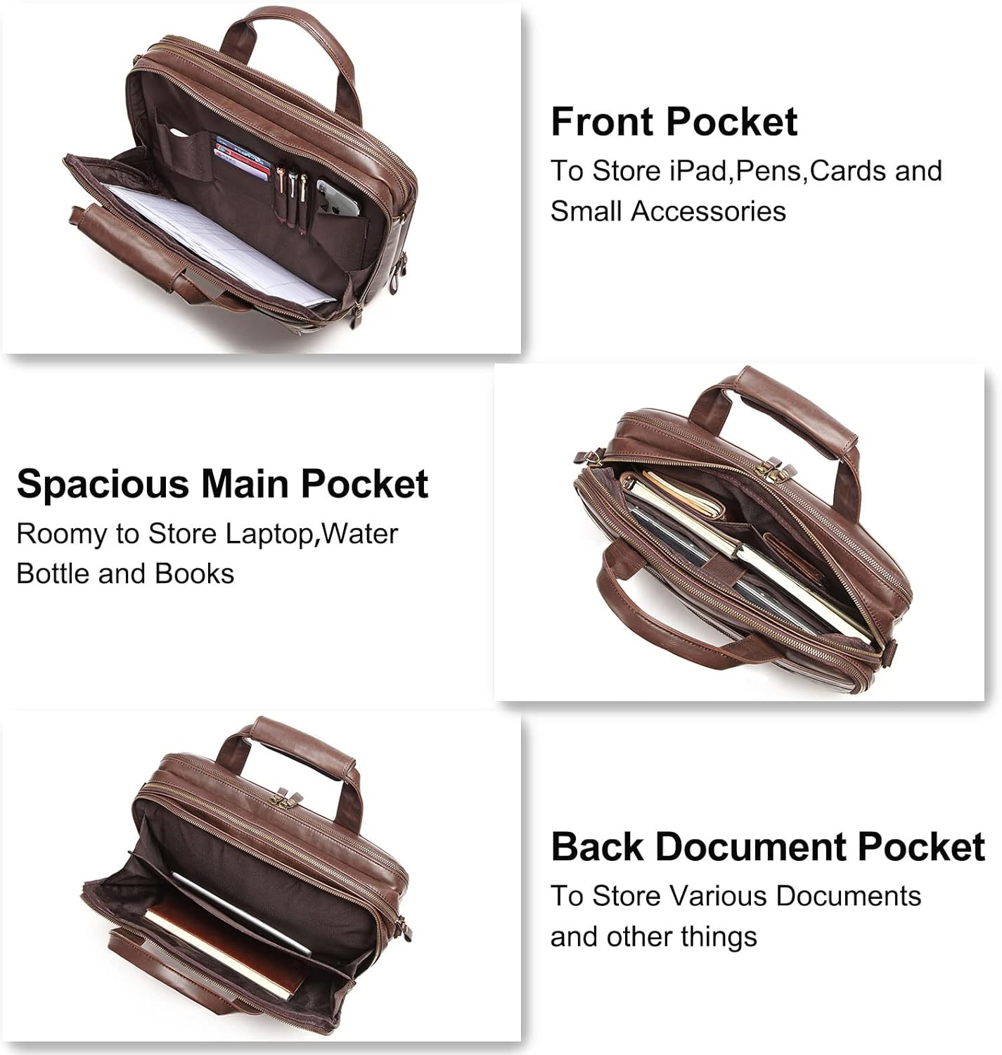 Bosidu Leather Briefcases for Men 15.6 Inch Laptop Messenger Bag with Triple Compartments Water-Resistant Computer Shoulder Bag for Business, Travel, Work, Office, Brown