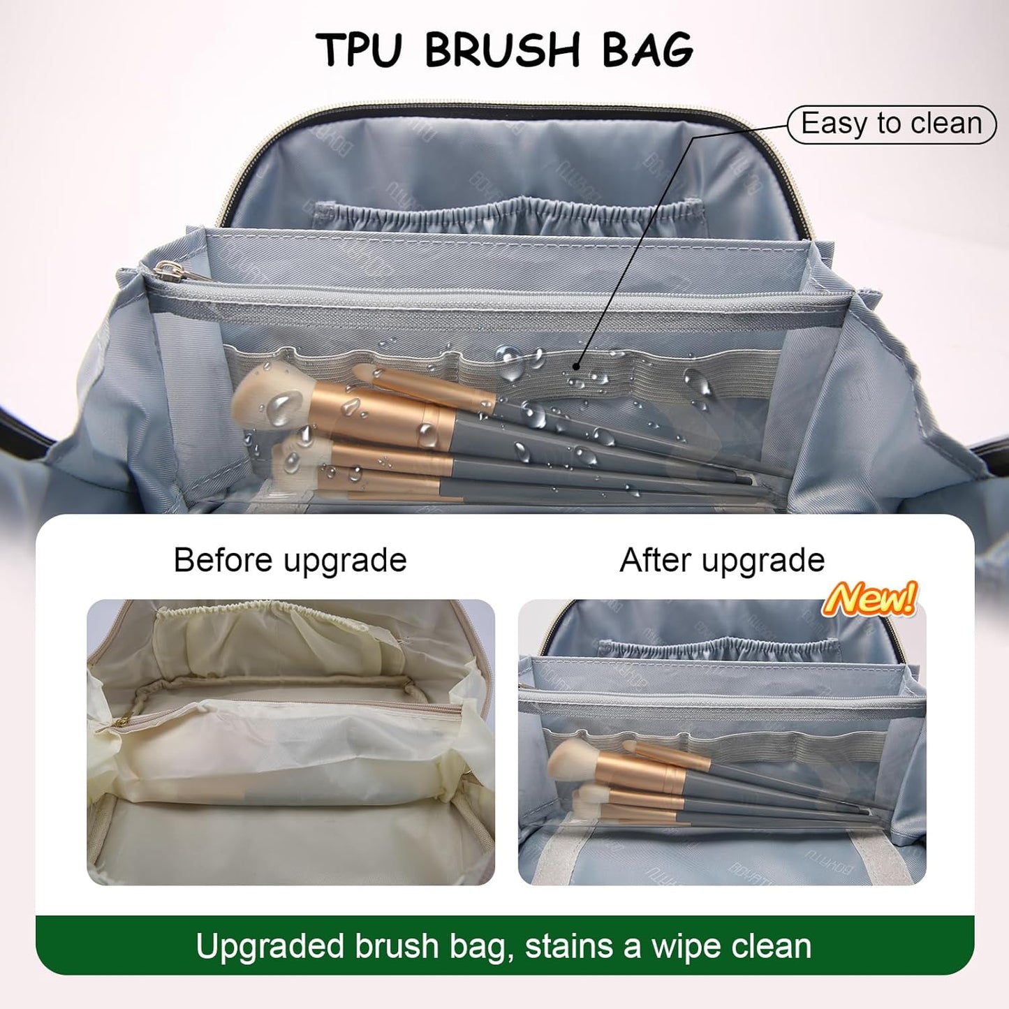 BOYATU Travel Makeup Bag for Women: Large Capacity Open Flat Make up Bag Set of 3 - Vegan Leather Cosmetic Bag with Compartments - Waterproof Toiletry Bag with Handle & Divider(I-3-Green)