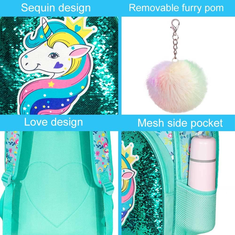 3PCS Girls Backpack, 16" Sequin Prechool Elementary Bookbag and Lunch Box