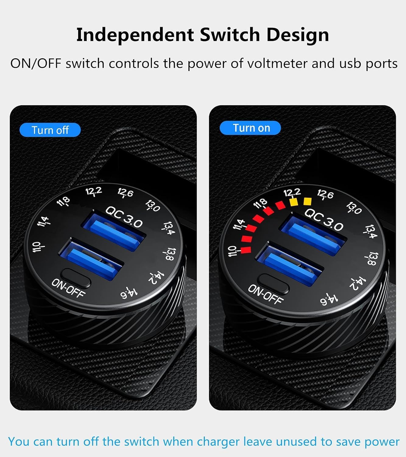 KEWIG Car Charger, 36W Fast Car Charger Adapter, Dual USB Car Fast Charge with Colorful Voltmeter & ON/Off Switch