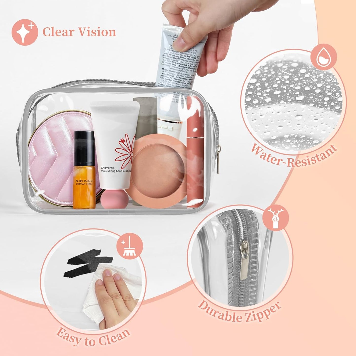TISRATOK 12 PCS Clear Makeup Bag for Women with Zipper, TSA Approved Toiletry Pouch, Cosmetic Bag Bulk for Travel Organizer Essentials - Grey,Small