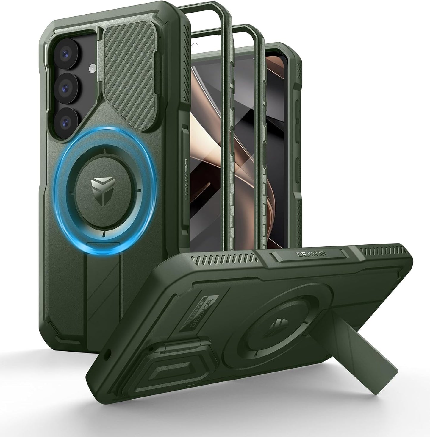 Dexnor for Samsung Galaxy S25 Case with Camera Cover & Adjustable Kickstand & Built-in Screen Protector, Magnetic Rugged Shockproof Bumper Cases Heavy-Duty Magnetic Protective Cover (2025),Army Green
