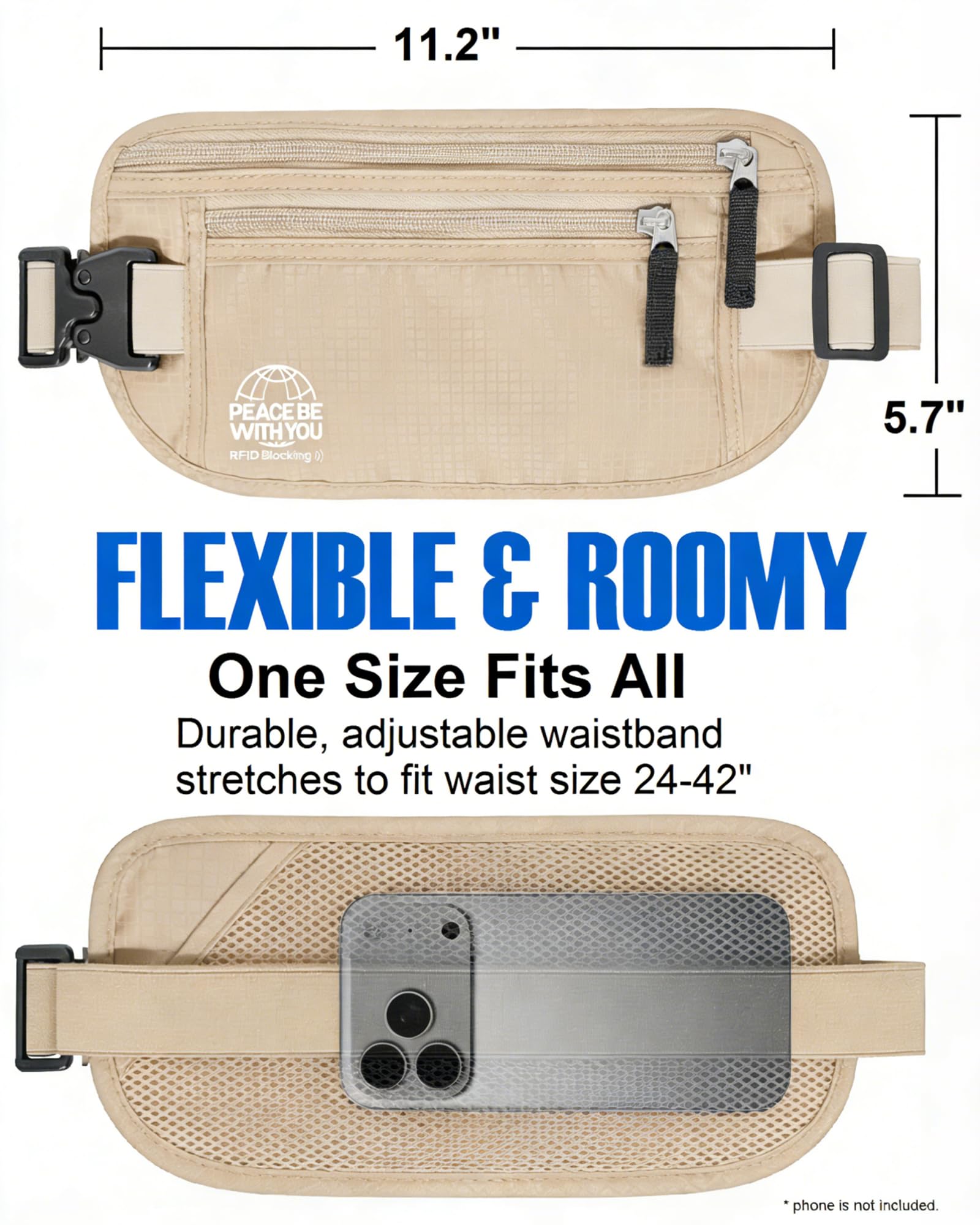 Money Belt for Travel, Passport Holder, RFID Blocking, Sweat-Proof, Beige