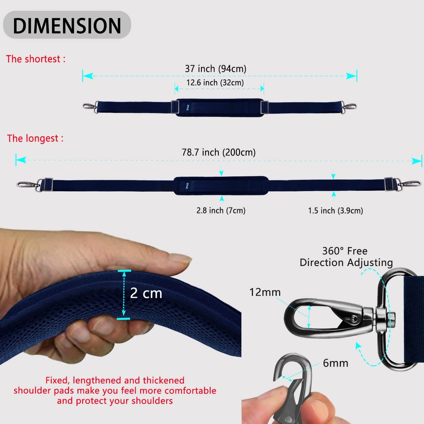 ZINZ 79 inch Shoulder Strap, Extra-thick Fixed Cushion Pad and Dual Clasps Universal Replacement Strap with Metal Swivel Hooks for Laptop Bags, Luggage Bags, Camera, Crossbody (200cm,Blue)