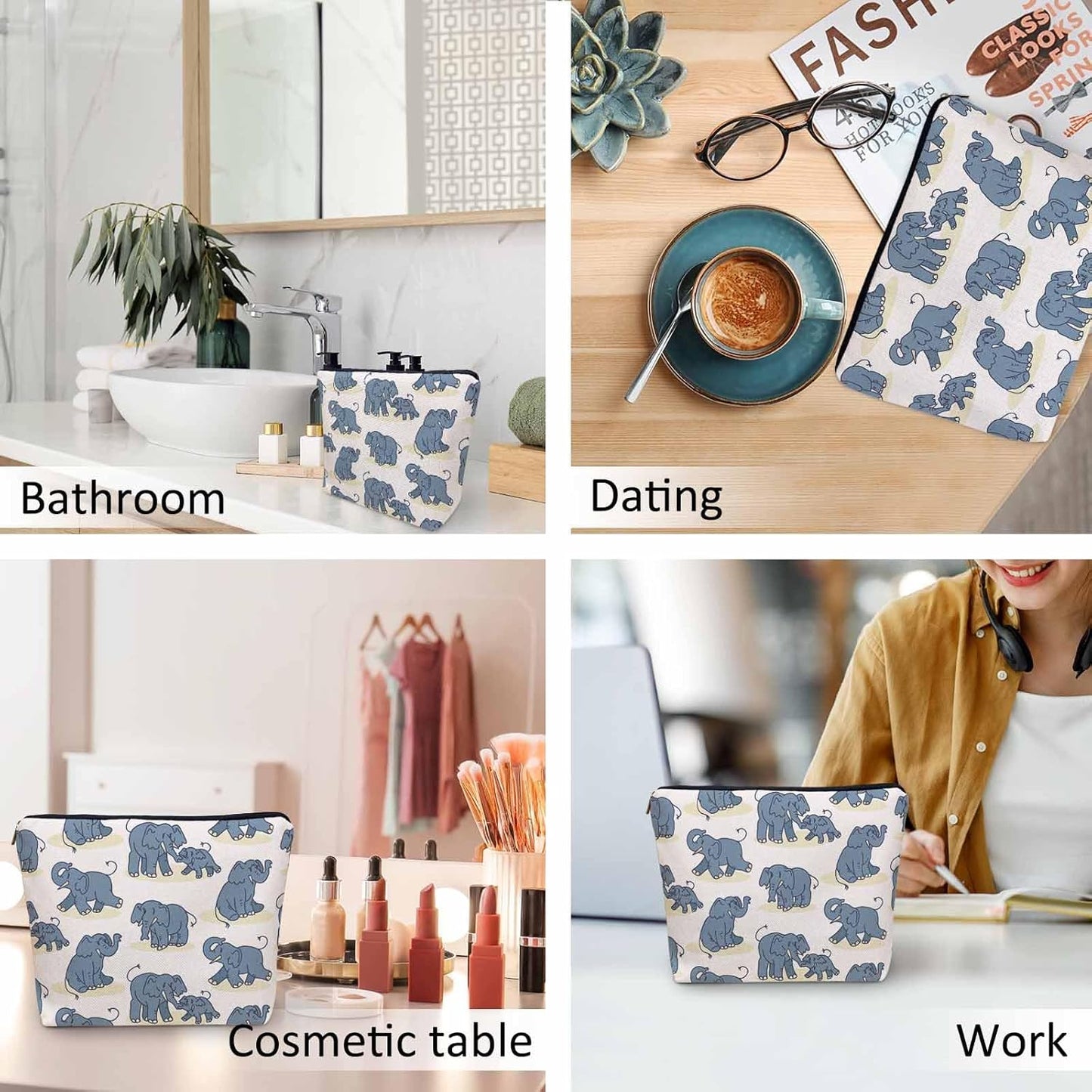 Elephant Makeup Organizer Bag Cosmetic Bag For Men Women, Cute African Animal Elephant Blue Travel Toiletry Bag Flax Makeup Bags Purse Business Makeup Pouch For Toiletries Cosmetics