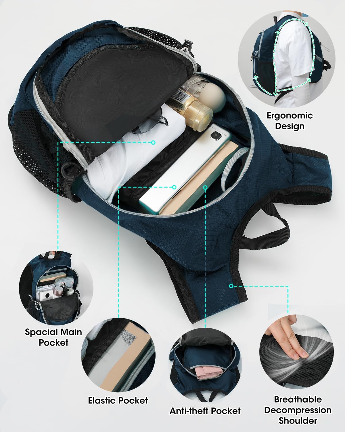 Small Hiking Backpack with Front Phone Holder, Packable Back pack with Chest and Waist Strap, Lightweight Daypack for Women Men
