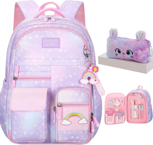 Girls Backpack, School Backpacks Rainbow,Kawaii Kids Backpack,Book Bag for Elementary Primary School With Pen Bag