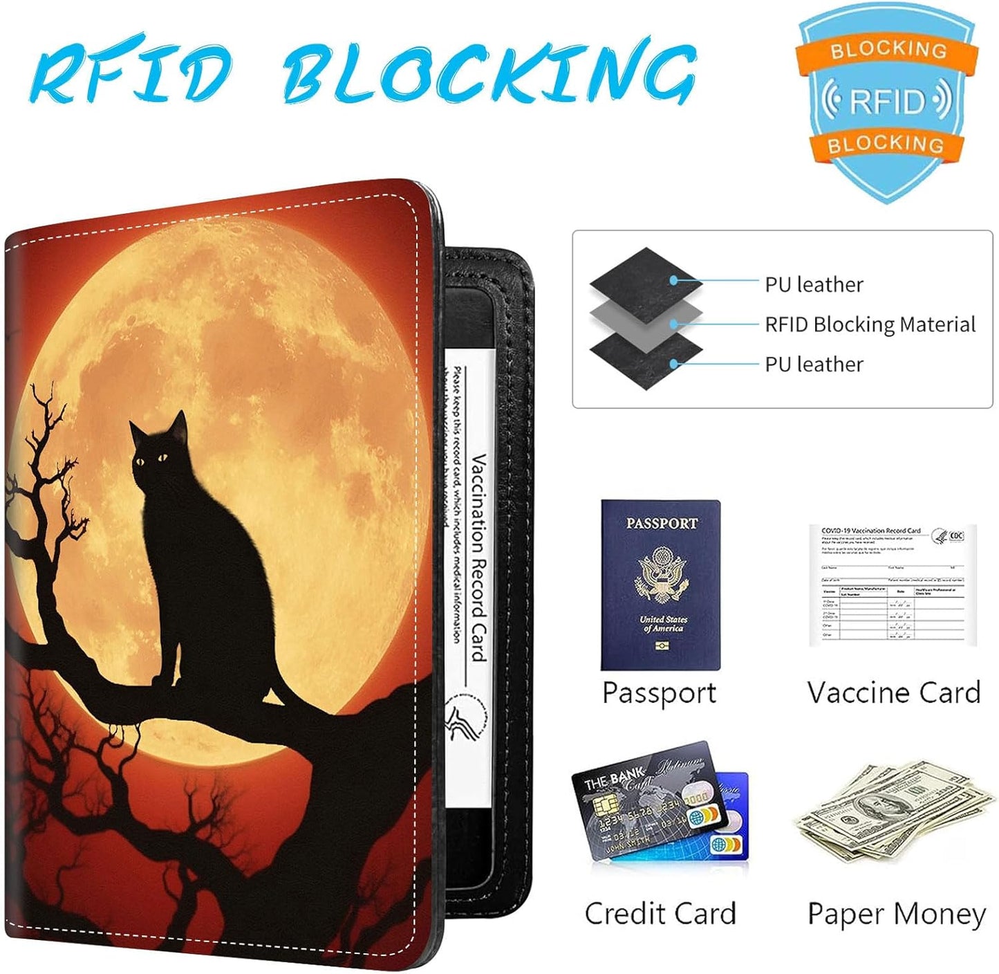 Passport Holder Cover Wallet Travel Essentials RFID Blocking Case Leather Passport Cover Wallet Vaccine Card Slot Organizer for Men Women, Cat moonlight