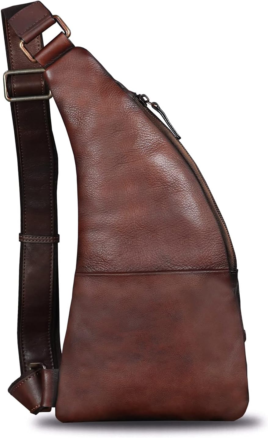 Genuine Leather Sling Bag for Men Vintage Handmade Crossbody Daypack Hiking Backpack Retro