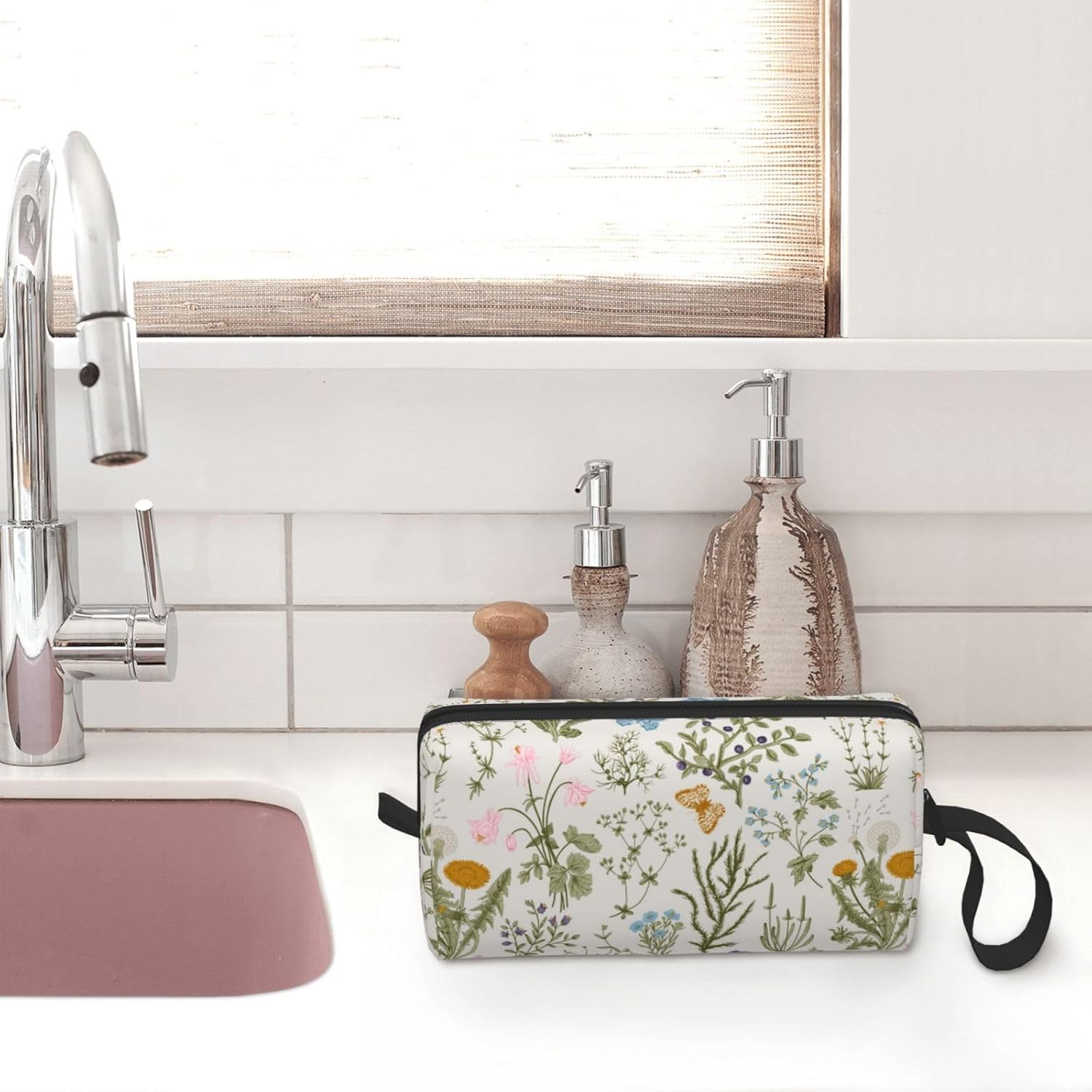 Vintage Herbs Wild Flowers Makeup Bag Small Compact & Durable Travel Organizer Oxford Fabric