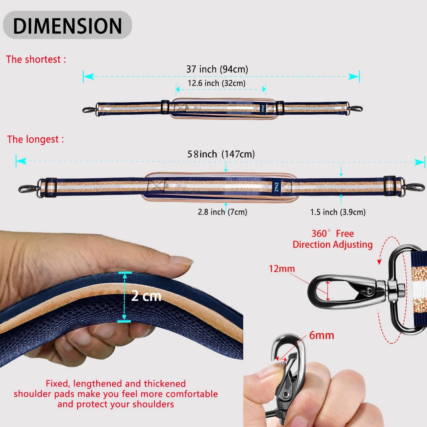 ZINZ Shoulder Strap 58" Ultra-Thick Fixed Padded and Adjustable Buckles Crossbody Strap for Briefcase Laptop Bag Luggage