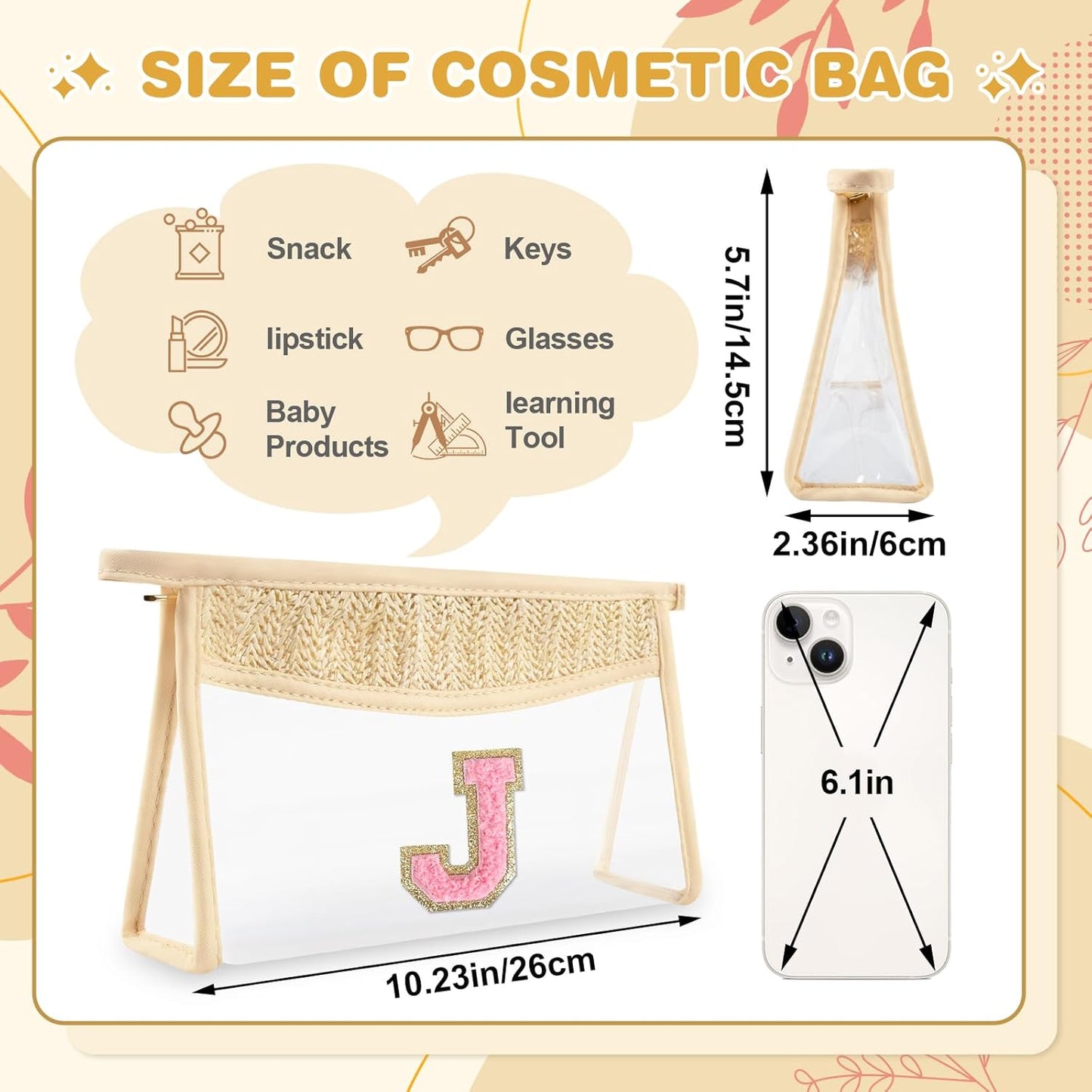 Small Boho Straw Initial Letter Makeup Bag Personalized Gift ,Cute Clear Chenille Patch Makeup Bag With Zipper,Trendy TSA Approved Travel Toiletry Bag,Gift for Women Girls Birthday Friend, Letter J