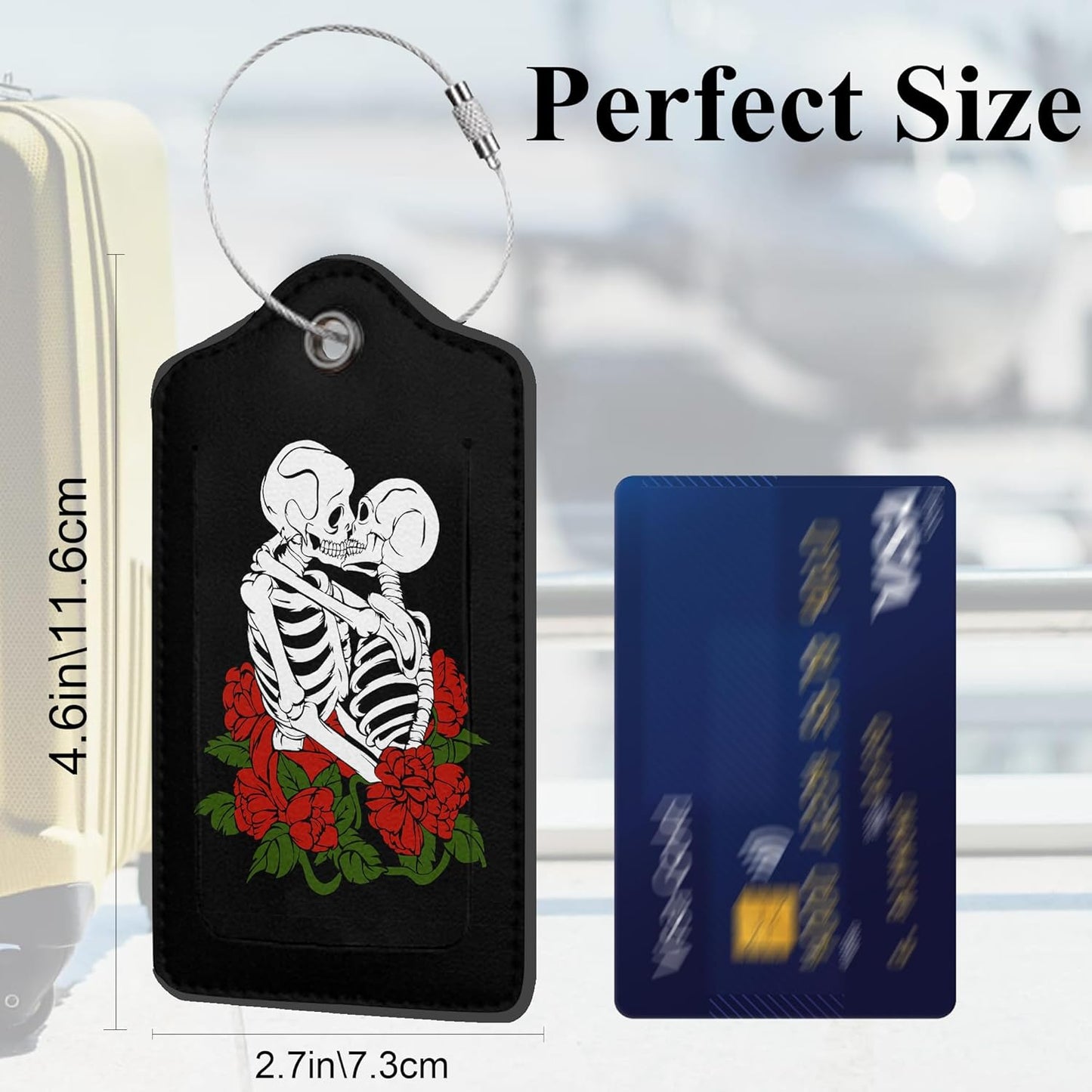 Skeletons Lovingly 2 Pack PU Leather Luggage Tags with Stainless Steel Loop, Funny Human Skull Lovers Travel Labels with Privacy Cover ID Label for Quick Spotting
