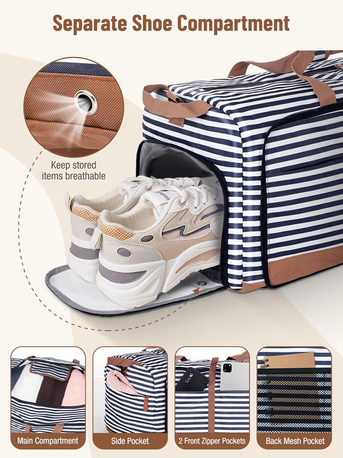 Lekesky Foldable Travel Duffle Bag for Women, 60L Large Duffel Bag with Separate Shoes Compartments & Straps, Carry On Weekend Bag for Women, Hospital, Overnight (Blue Stripes)