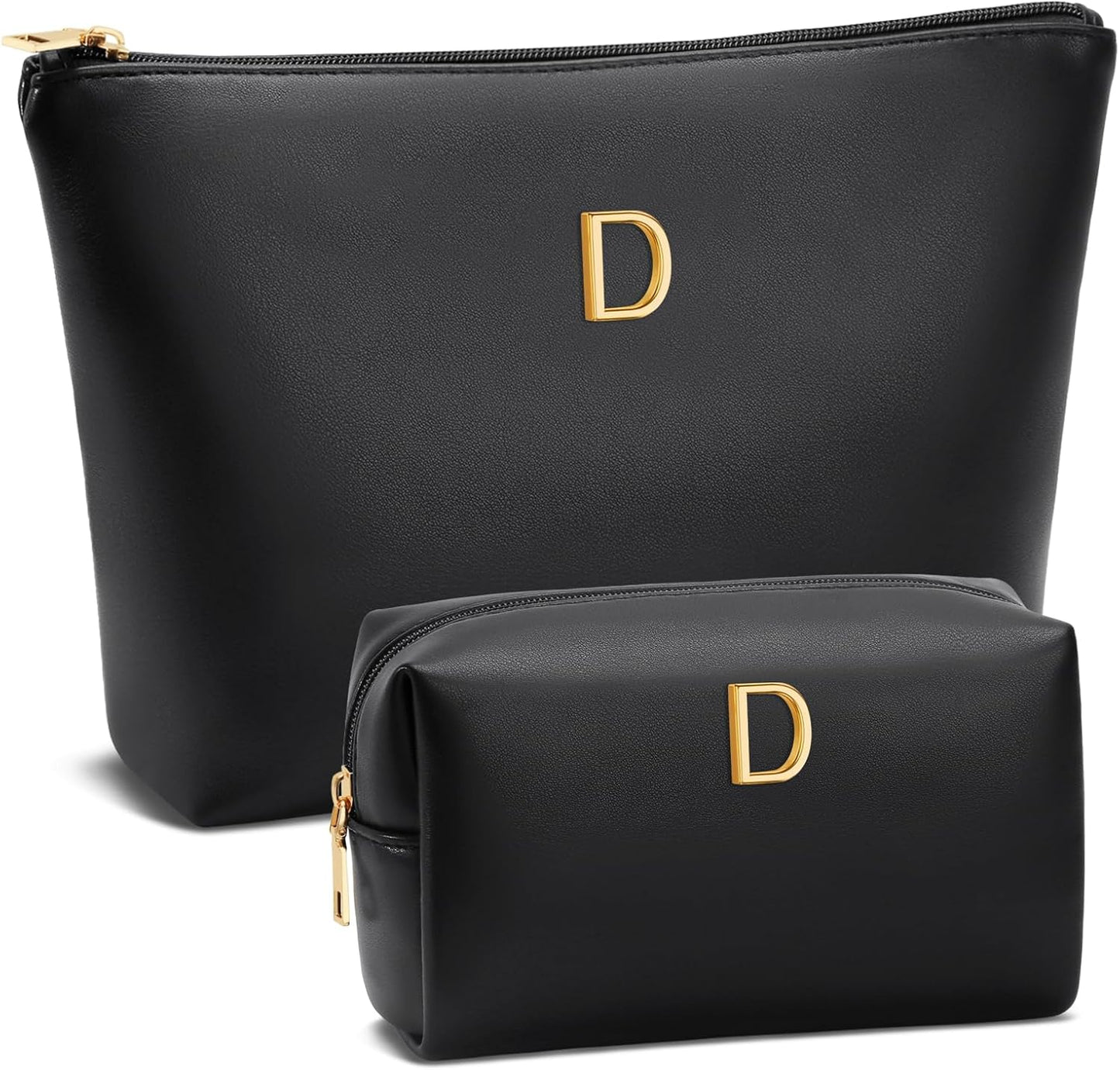 Women Gifts | Initial Makeup Bag Set for Girl Personalized Gifts for Bridesmaid Friend Graduation Teachers PU Leather Cosmetic Travel Toiletry Bag(Black,D)