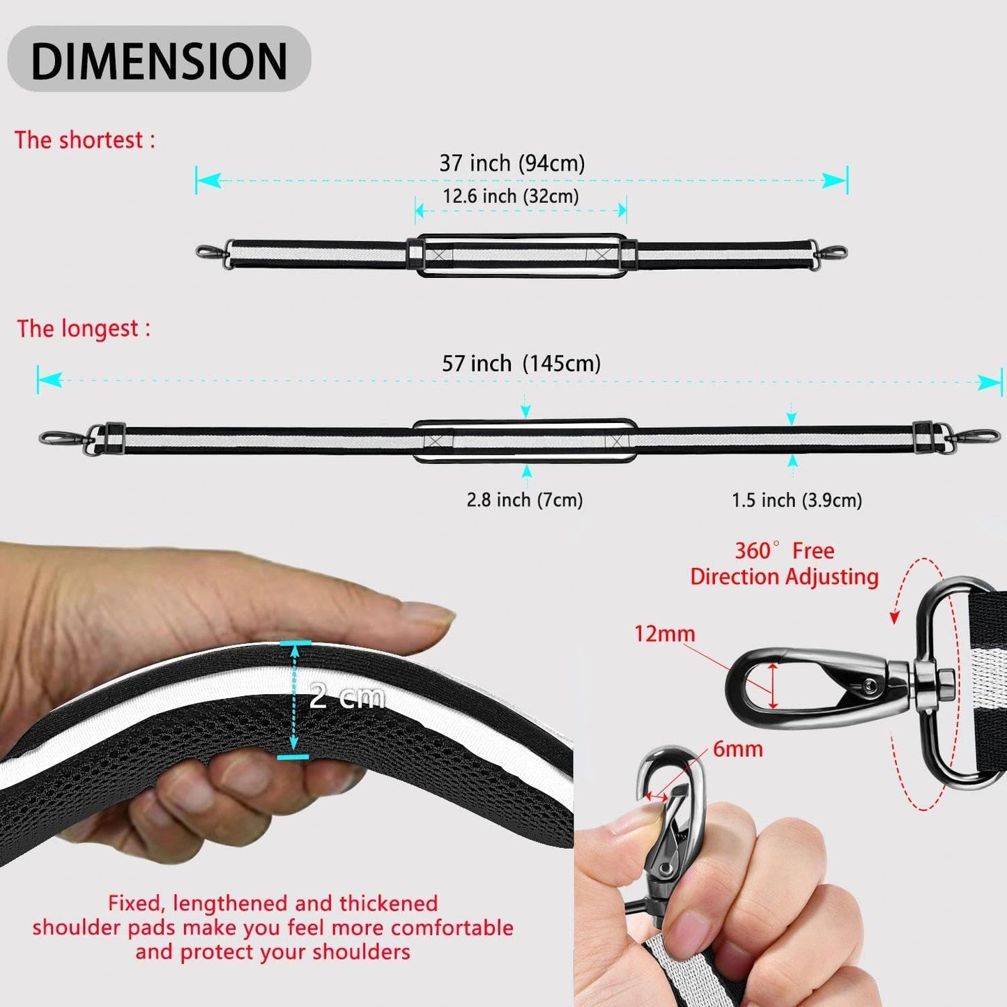 ZINZ Shoulder Strap 58" Ultra-Thick Fixed Padded and Adjustable Buckles Crossbody Strap for Briefcase Laptop Bag Luggage