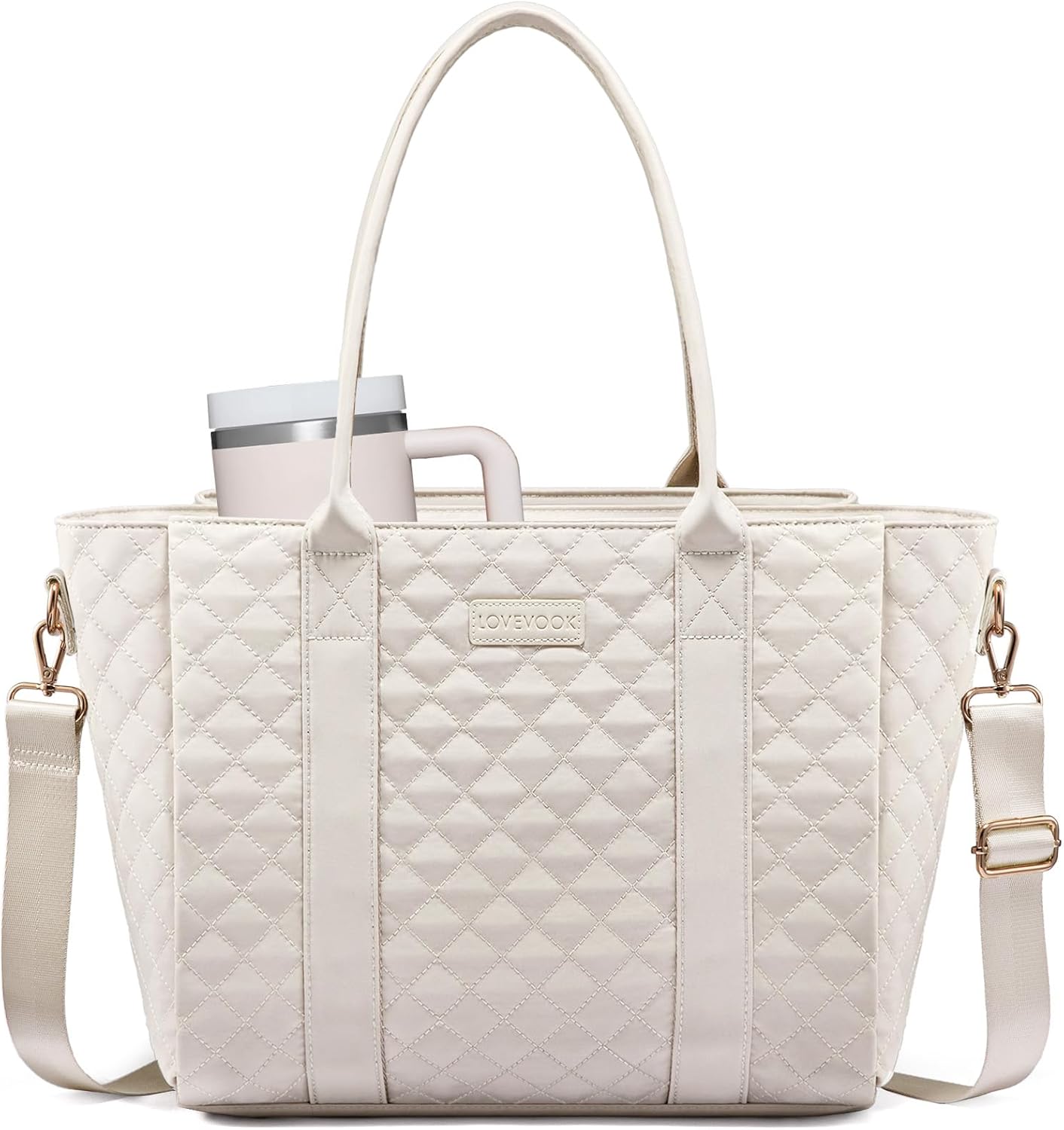 LOVEVOOK Laptop Bag for Women，Work Bag Teacher Tote Bag With Large Cup Holder, Quilted Crossbody bag with Zipper for Travel