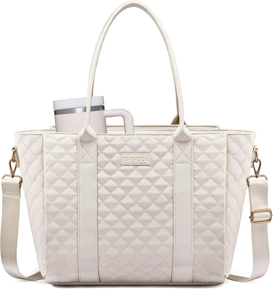 LOVEVOOK Laptop Bag for Women，Work Bag Teacher Tote Bag With Large Cup Holder, Quilted Crossbody bag with Zipper for Travel