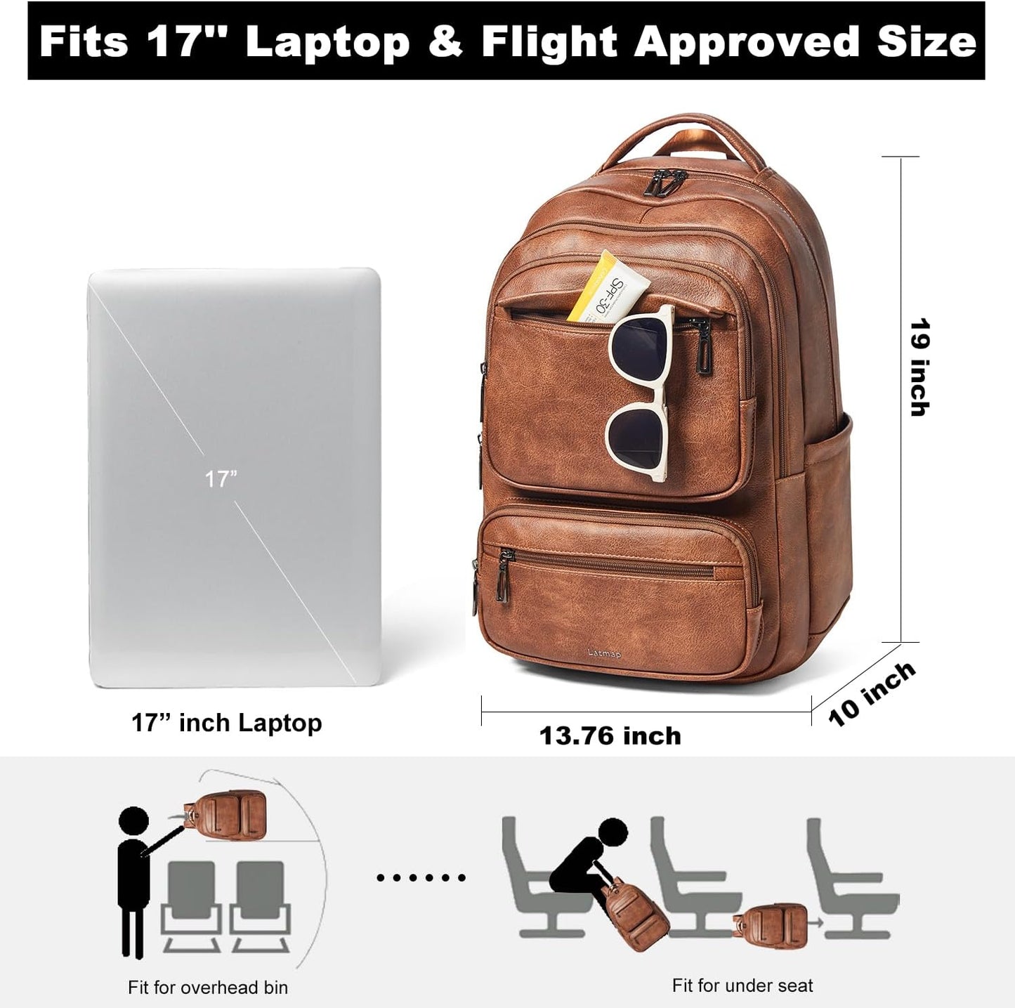 43L Backpack Purse For Women Leather Shoulder Diaper Bookbag Tote 17 16 15.6 Inch Laptop Bag Handbags For Travel Work College Large Brown