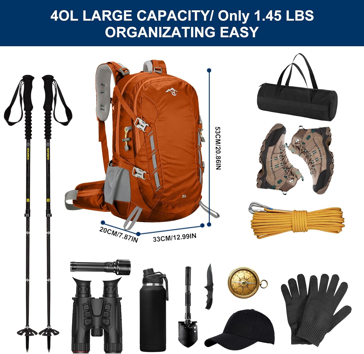 Long Keeper 40L Hiking Backpack Camping Daypack with Waterproof Rain Cover Lightweight Outdoor