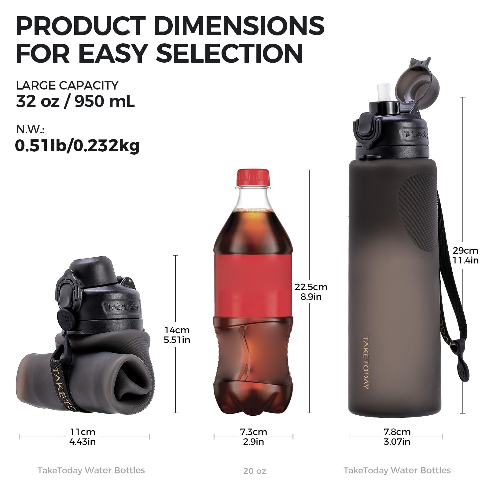 TakeToday Collapsible Water Bottles, Foldable for Travel, 32oz, Black