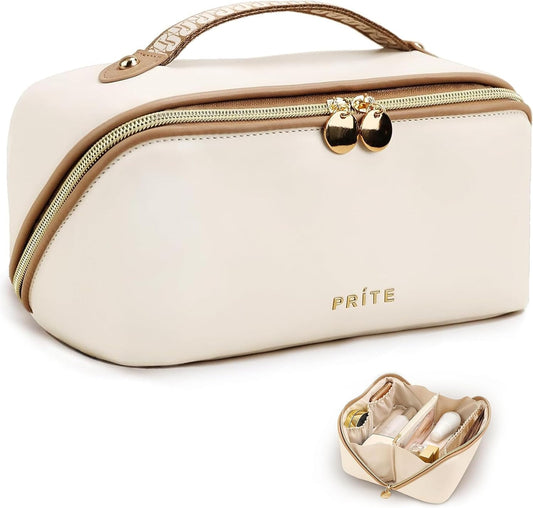 Prite Makeup Bag for Women Travel Waterproof Vegan Leather Cosmetic Bag Open Flat Toiletry Bag With Clear Divider and Handle (Beige)