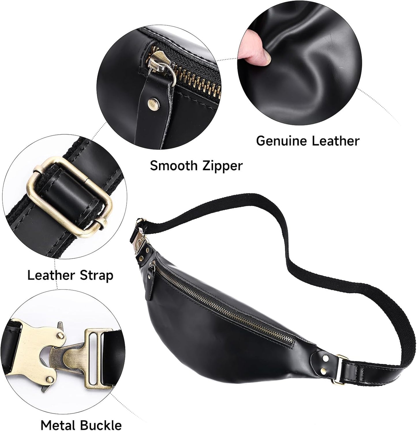 Vintage Genuine Leather Fanny Pack Small Waist Bag Travel Sling Pouch with Adjustable Leather Belt Black