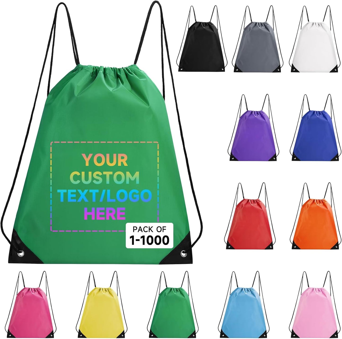 Custom Drawstring Bags With Logo, 100 Pack Personalized Text Drawstring Backpack Bulk Great for Travelling, Gym and for Everyday Use (Green)