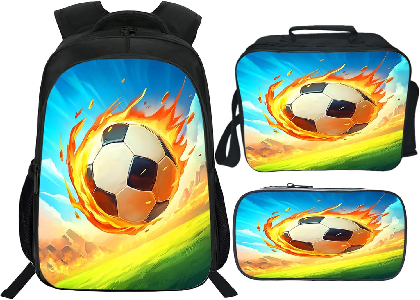 Soccer Backpack School Bag 3PCS Backpack 16 Inch with Lunch Bag Set Lightweight for Teen Boys Girls Kids Elementary Middle School
