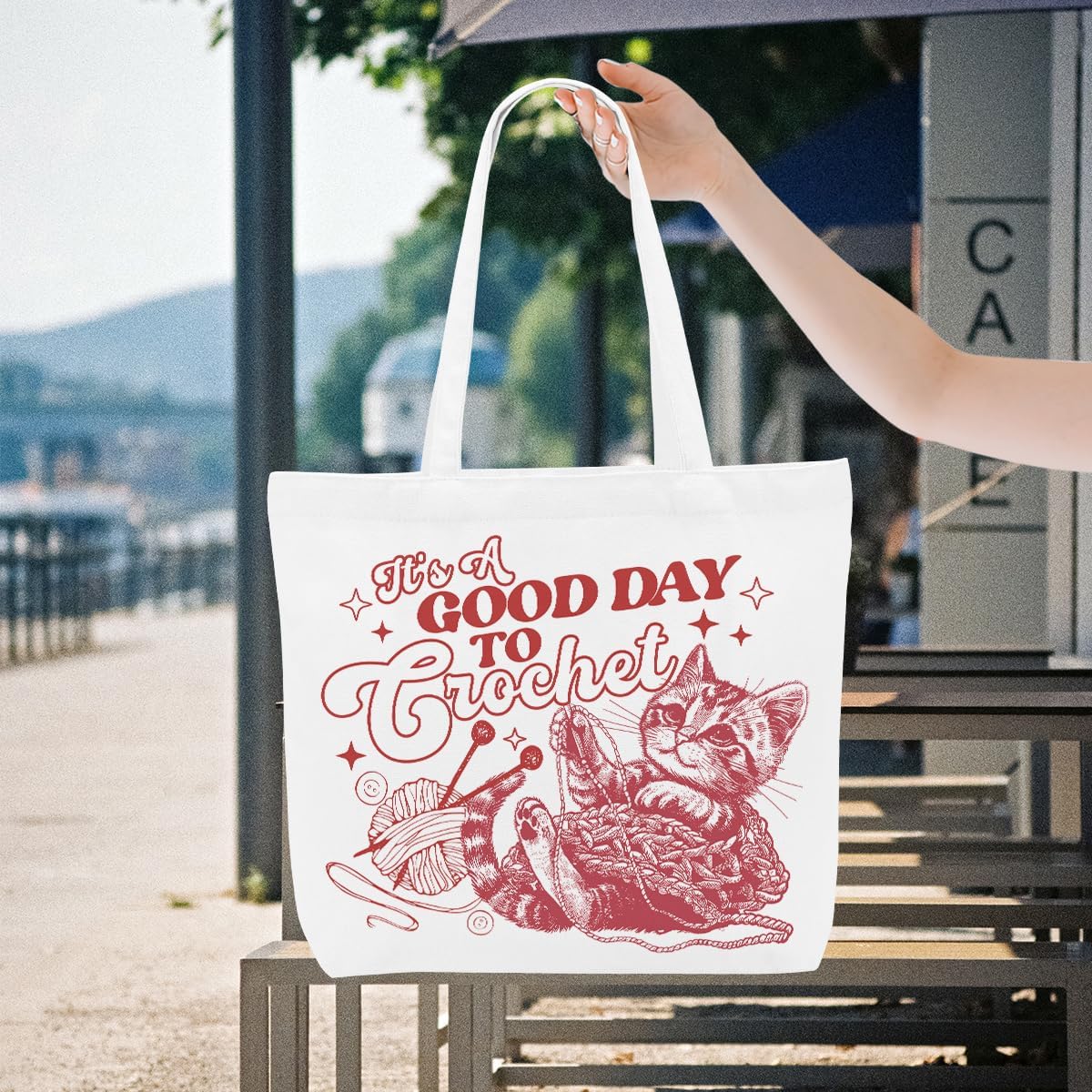 Crochet Knitting Humor Yarn Gifts Canvas Tote Bag, Reusable Grocery Shopping Bags for Crocheters Christmas