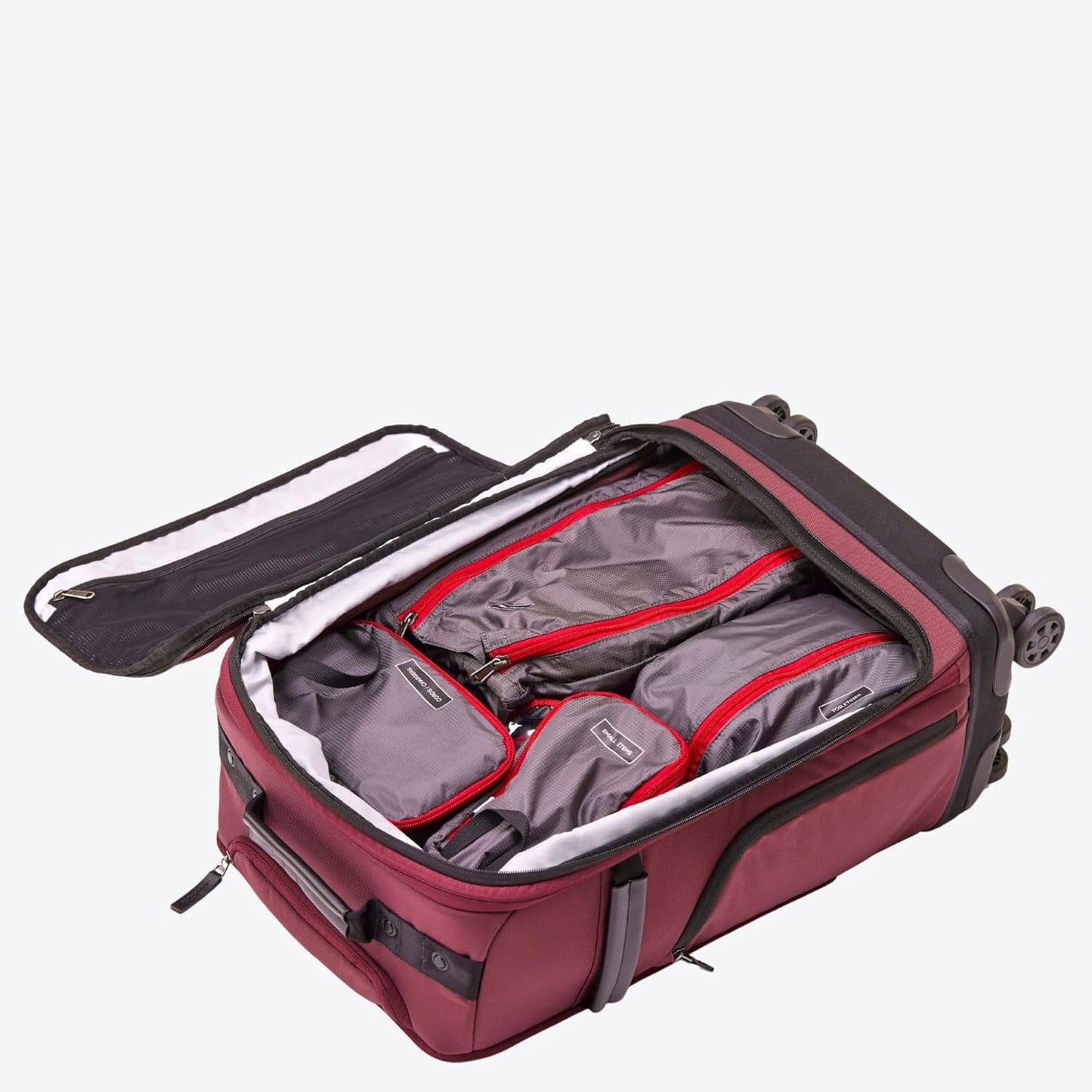 Trilogy All-In-One Bundle: 3-Part Modular Rolling Pack and 8 Perfect Fit Packing Cubes and a padded hip belt. Get 3 bags in 1 (Zinfandel)