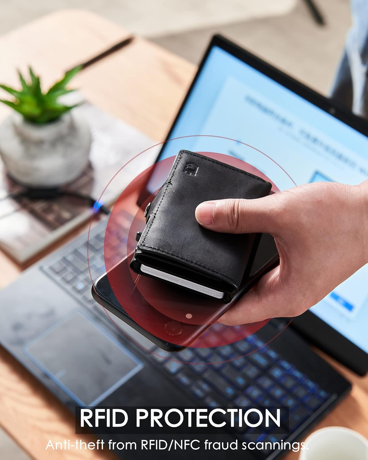 Wallet For Men Pop up Card Wallet RFID Blocking Slim Aluminum Metal Bank Card Holder Case with Business Money Pocket for Credit Cards Notes and Coins (Black)