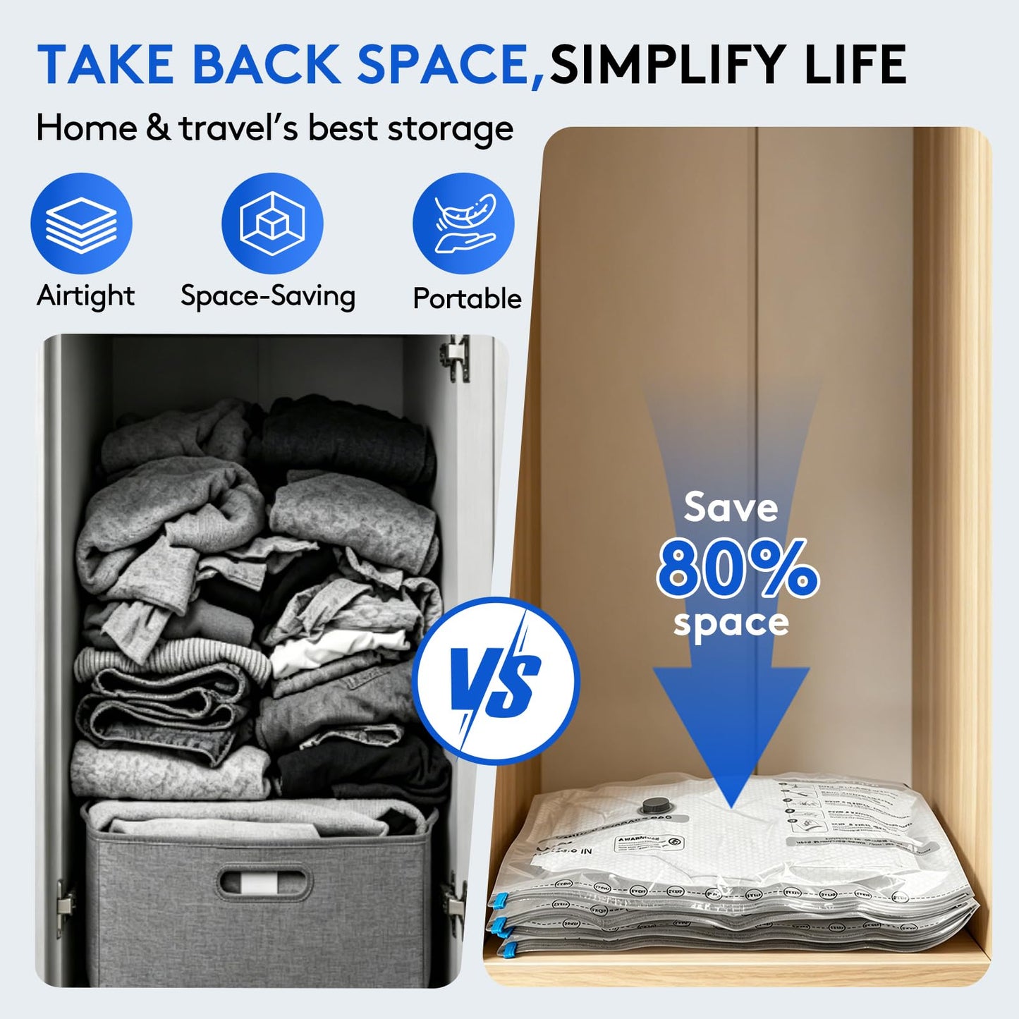 15+1 Packs Vacuum Bags for Travel with Rechargeable Pump, 3 Sizes Vacuum Seal Bags for Clothing