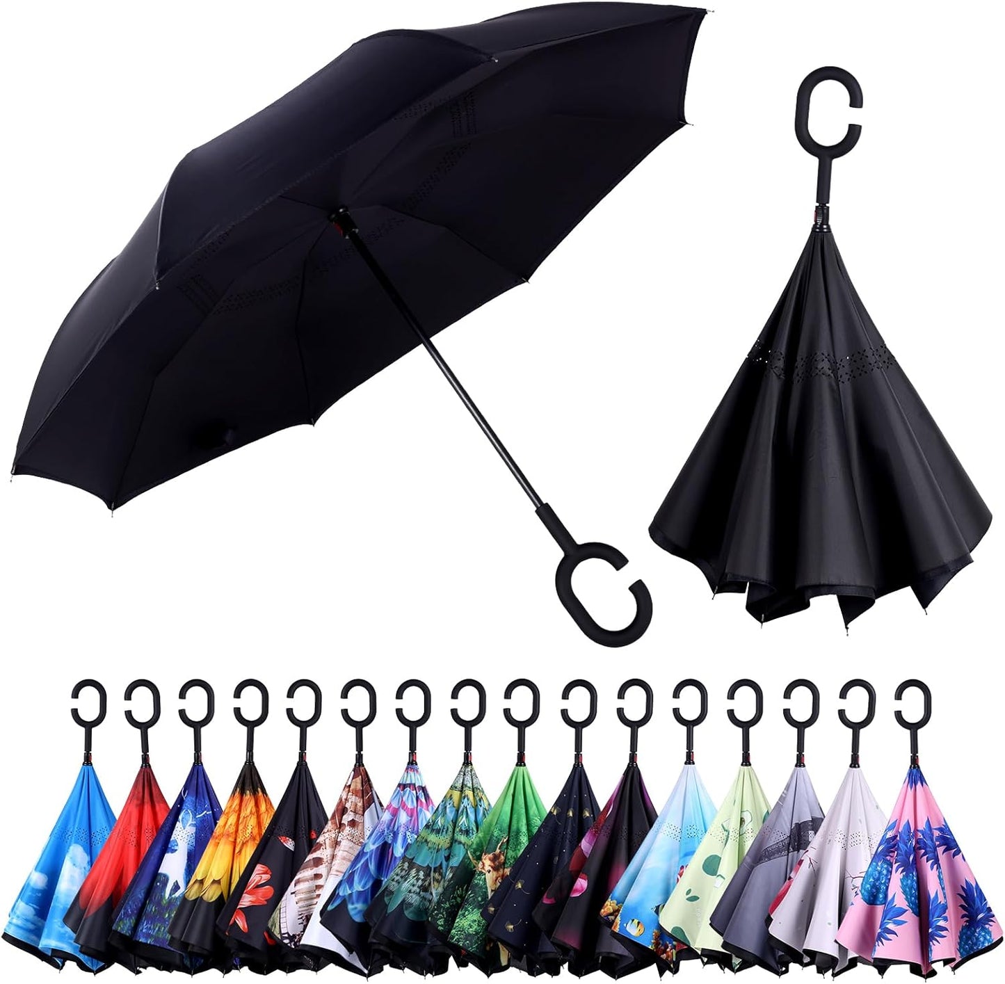 Inverted Umbrella, 49 Inch Double-Layer Vented Reverse Umbrella, Windproof Waterproof UV Protection, Lightweight C-Handle, Fiberglass Ribs, Steel Shaft, Travel/Commute/Car Use, With Sleeve