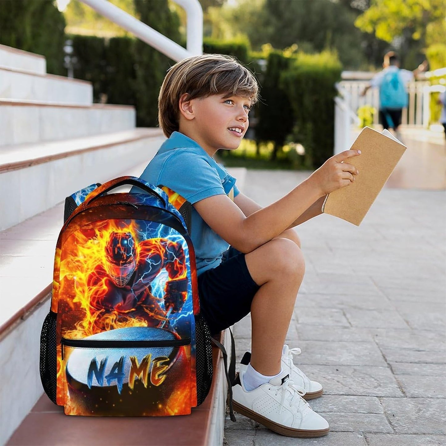 Boys Backpack for School - Ice Hockey Backpacks with Custom Name for Kids Teens Elementary Middle Primary High Senior - 17 Inch Lightweight Large Capacity Sport Themed Bookbag Gift