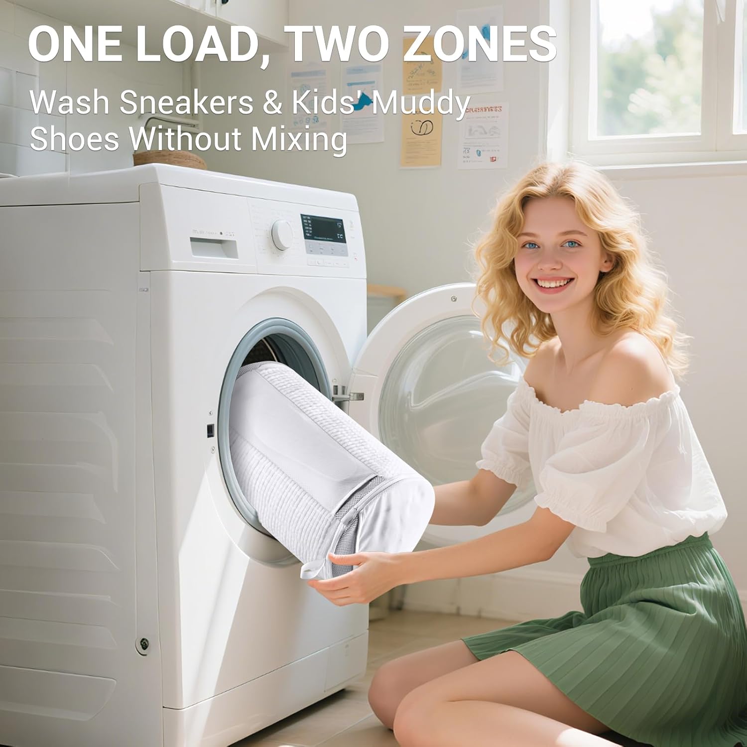 Large Shoe Bag for Washing Machine, Two-Zone Design, 2 Mesh Pockets, One-Step Wash for Complete