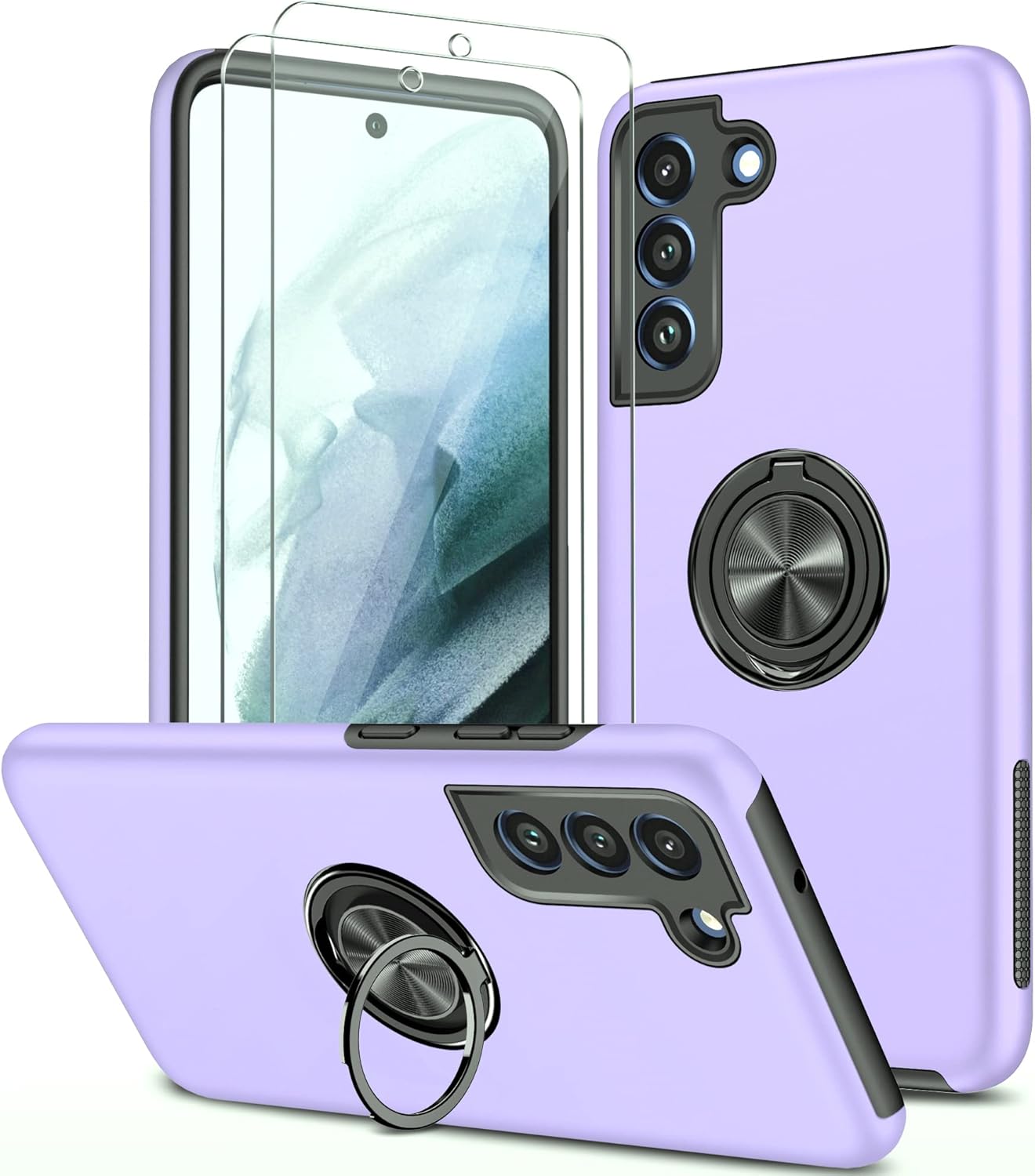 Galaxy S21 FE 5G Case with Nano Explosion-Proof Film - 2 Pack Military Grade Double Shockproof Invisible Kickstand Case - Purple