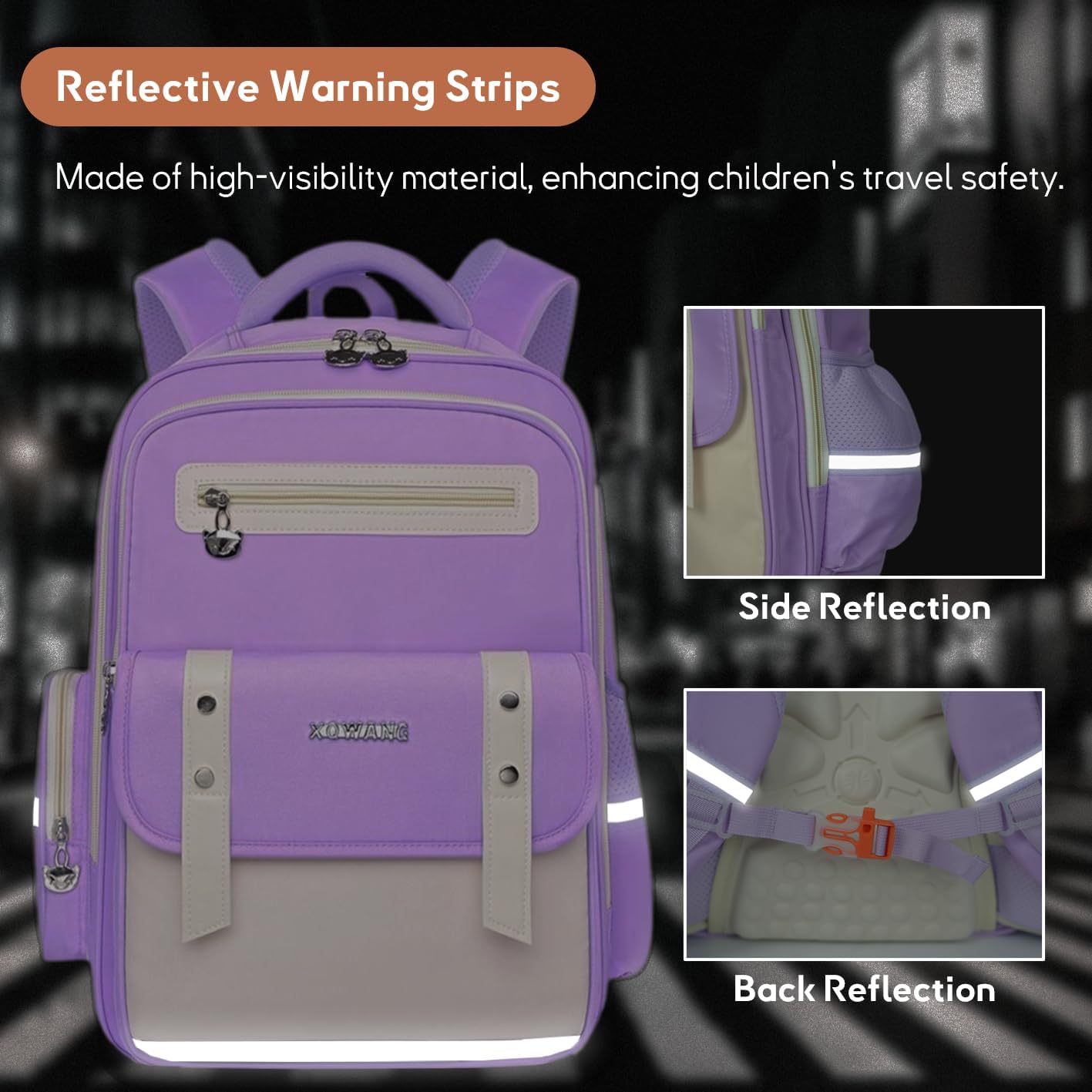Kids Backpack for Kids, Lightweight Waterproof Purple White Backpack for School, Kindergarten Elementary School Students Boys & Girls Backpack with Safety Whistle and Includes a Detachable Waist Belt