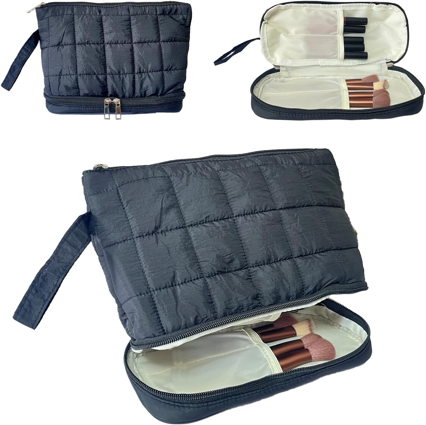 Black Puffy Puffer Makeup Bag for Purse Small Makeup Pouch Quilted Cosmetic Bag Cute Cotton Toiletry Pouch Bag for Women