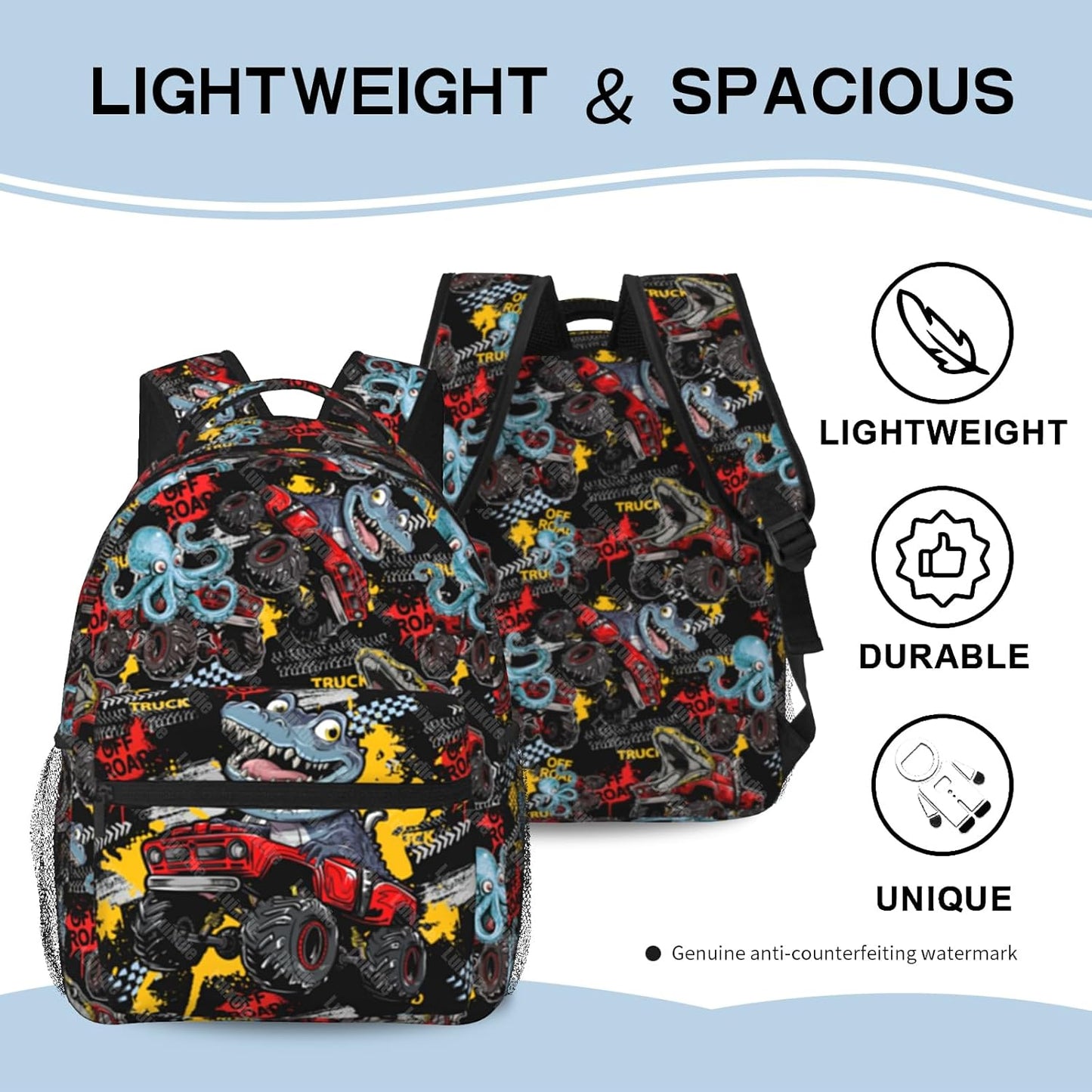 Kids School Truck Backpack Boys Dinosaur Truck Cars School Bag for Toddler Boys Preschool Kindergarten Bookbag